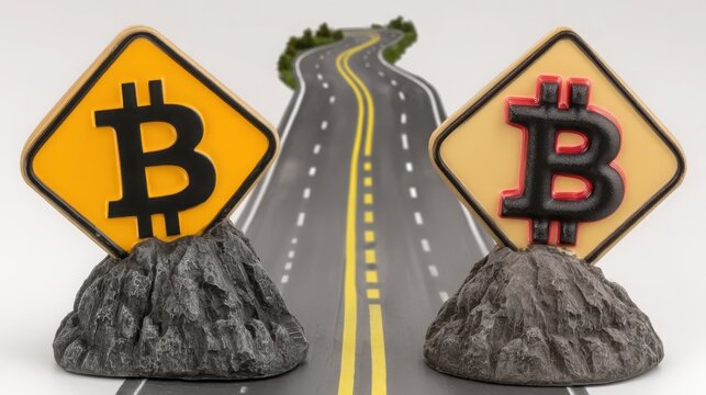 Roadway featuring bitcoin signage in a digital currency roadmap icon concept for financial navigation and strategy - Powered by Adobe