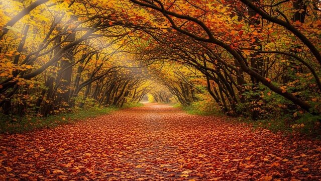 Seasonal color transition of autumn leaves captured in scenic forest pathway with warm atmospheric tones and crisp textures for travel nature commercial photo usage