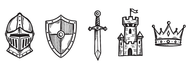 Fototapeta premium Set of five hand-drawn medieval icons including a knight's helmet, shield, sword, castle, and crown in a black and white sketch style illustration for fantasy themes