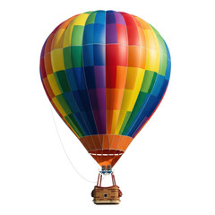 Fototapeta premium a photorealistic majestic hot air balloon featuring vibrant rainbow stripes and a woven wicker basket, isolated on transparent background with copy space. concept of freedom and exploration