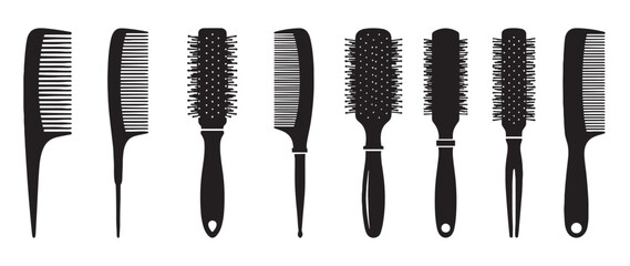 Collection of black silhouette hairbrushes and combs for professional hairdressing arranged in a neat row, showcasing various styling tools like tail combs and round brushes