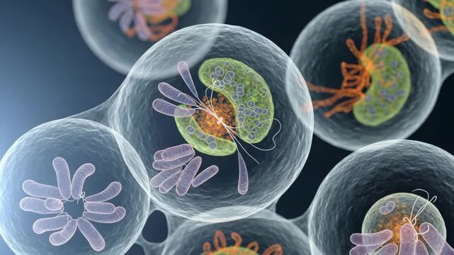 Microscopic view of cellular division and budding processes