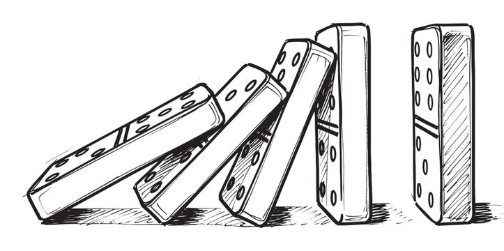Black and white sketch of dominoes falling in a chain reaction, illustrating the concept of cause and effect, momentum, and consequence in a hand-drawn artistic style