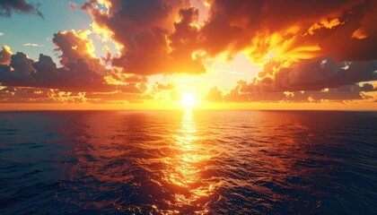 A breathtaking orange sunset illuminates dramatic clouds over the vast, shimmering ocean horizon.