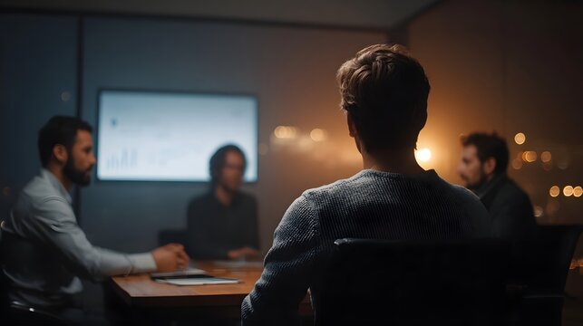 Business professionals collaborating in a dimly lit modern conference room late at night analyzing charts on a screen