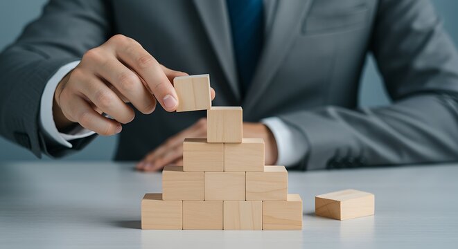 A businessman carefully constructs a wooden block tower symbolizing growth and strategy.