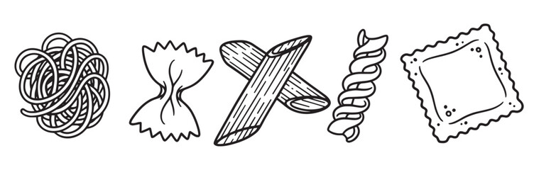 Fototapeta premium Collection of five different pasta shapes, including spaghetti, farfalle, penne, fusilli, and ravioli, depicted in a minimalist black outline doodle illustration style