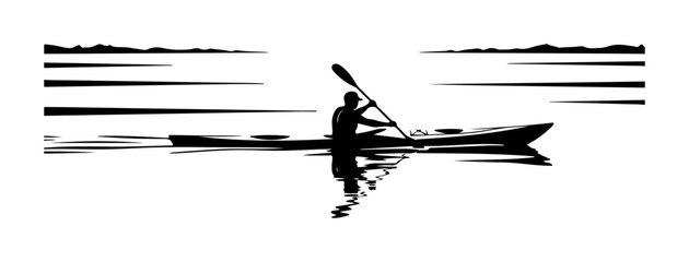 Serene silhouette of kayaker paddling across tranquil lake at sunrise or sunset