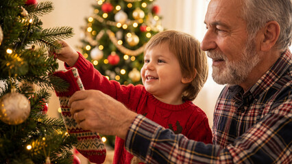 Cozy Christmas Scene with Grandpa and Child Hanging Gifts on Tree, Family Holiday Love and Tradition