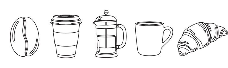 Obraz premium Set of black and white coffee icons including a bean, to-go cup, French press, mug, and croissant in a simple line art style for cafe and breakfast concepts