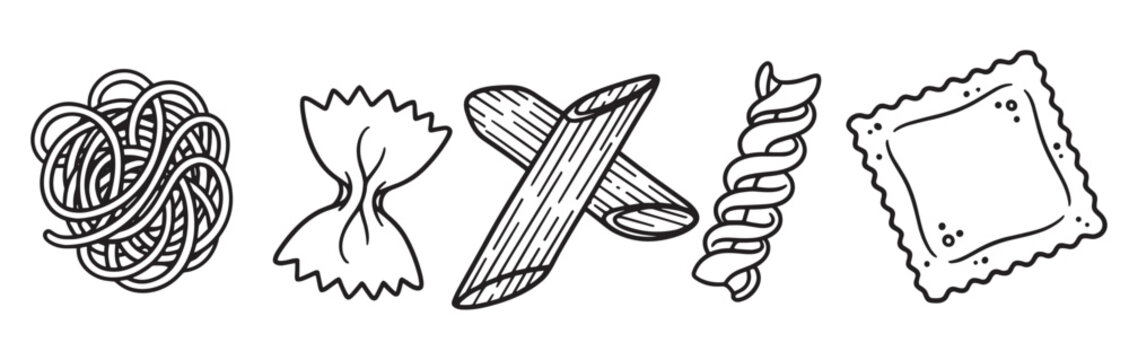 Fototapeta Collection of five different pasta shapes, including spaghetti, farfalle, penne, fusilli, and ravioli, depicted in a minimalist black outline doodle illustration style