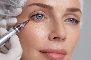 Cosmetologist performs mesotherapy injection on client in a clean beauty studio during daylight hours for skin rejuvenation and enhancement