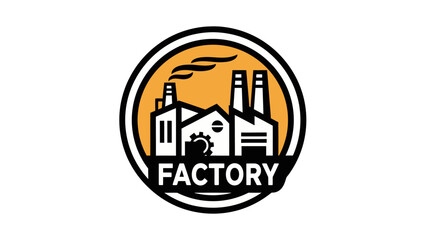 A detailed illustration of a factory with smoke stacks, gear, and the word 