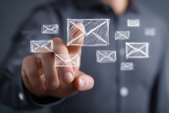 Businessman interacting with wireframe email graphics to enhance digital marketing strategy in a modern office environment