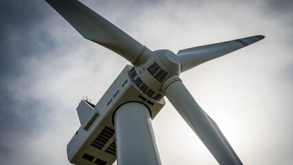 A low angle view of a wind turbine with a cloudy sky in the background on a sunny day