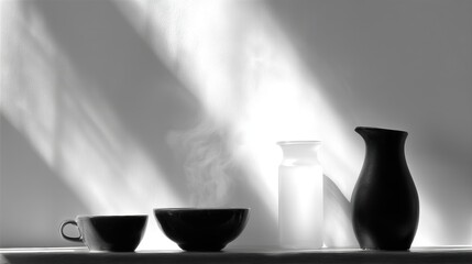 Black and white photograph of a table with three objects on it.