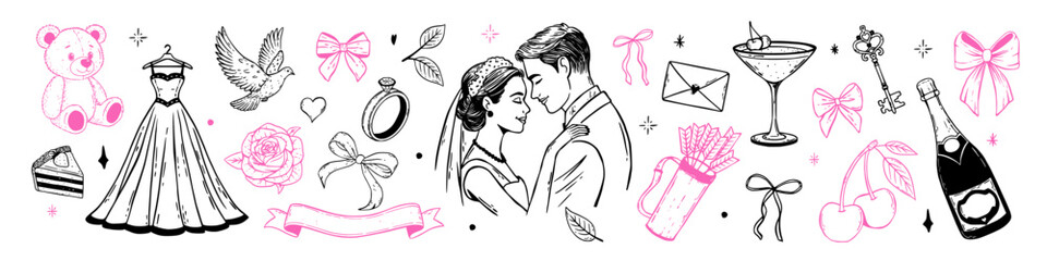 Fototapeta premium Hand drawn whimsical wedding set. Vintage elements of bride, dress, bear, rose, ring, bows, champagne, gifts, cherries and love symbols in sketch style.