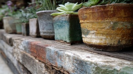 Naklejka premium Row of small potted plants on a wooden shelf. the shelf is made of old, weathered bricks and has a rustic, aged appearance.
