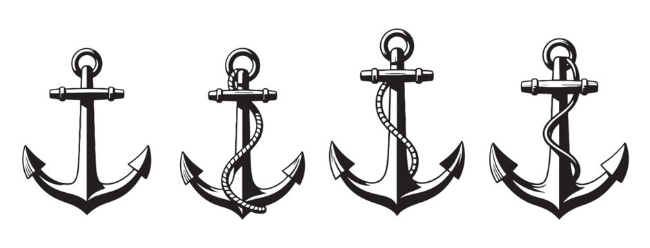 Set of four black nautical anchors in a vintage tattoo style, showing variations with a rope wrapped around the shank in a monochrome graphic illustration collection