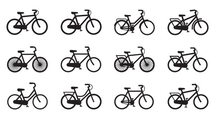 Twelve different black bicycle silhouette icons showing various models like urban, classic, and sport bikes in a minimalist graphic design collection for cycling themes