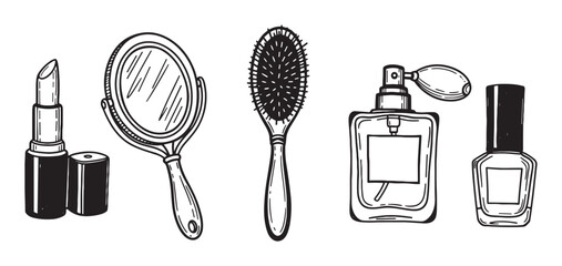 Hand-drawn set of beauty and cosmetic items including lipstick, a mirror, hairbrush, perfume, and nail polish in a simple black and white sketch style illustration