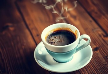 Steaming cup of dark roast coffee on rustic wooden table, caffeinated, background