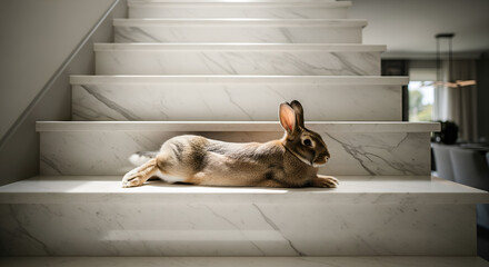 Brown Rabbit Resting on Luxury Marble Stairs