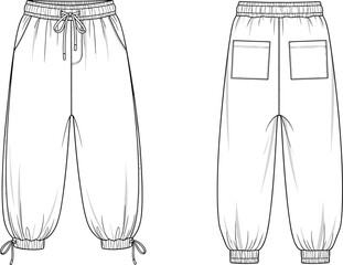Jogger pants front and back technical flat sketch with waistband drawstring and patch pockets, modern streetwear style, cad drawing flat vector illustration