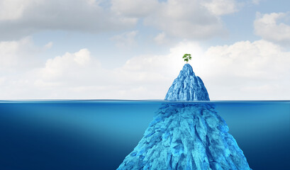 Resilience And Hope as a green sapling growing on top of an Iceberg as freezing snow floating in cold arctic ocean water as grit persistence and adaptability as a metaphor for overcoming obstacles.