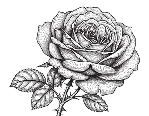 Fototapeta premium Detailed black and white rose illustration in a vintage engraving style with intricate petals, a thorny stem, and delicate leaves, showcasing classic botanical art
