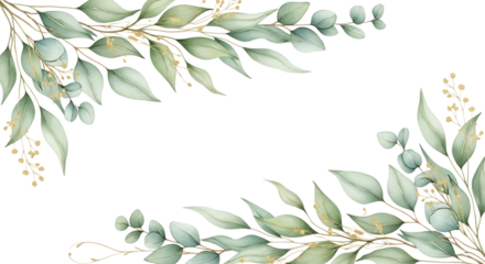 Elegant watercolor eucalyptus branches with delicate leaves and berries forming a decorative frame on a black background