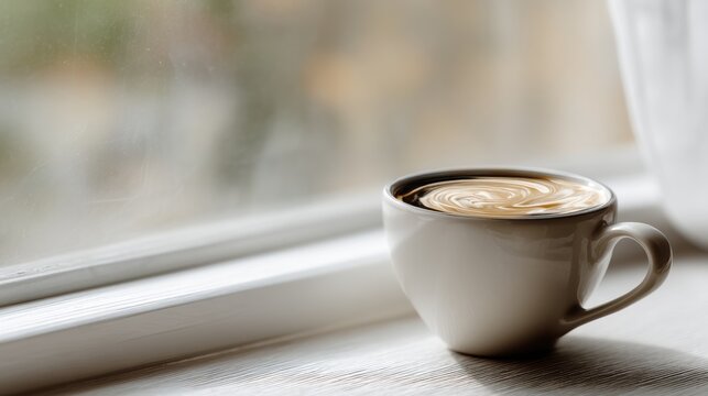 White coffee cup sitting on a windowsill next to a window. the cup is filled with a dark liquid, possibly coffee, and has a swirl pattern on top.