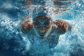 Female swimmer performs a powerful stroke underwater in a swimming pool during an afternoon training session