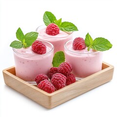 Raspberry mousse on a wooden tray isolated on a white background, offering a cozy and rustic feel.