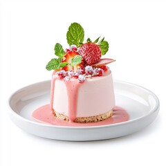 Strawberry mousse with oozing sauce isolated on a white background, highlighting its rich and indulgent qualities.