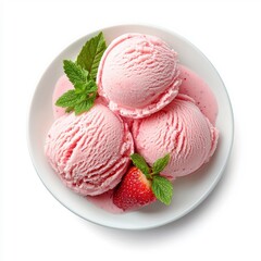 Strawberry ice cream on a white plate, isolated to showcase its smooth and tempting look.