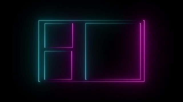 Square rectangle picture frame icon animation glowing neon blue color display neon box round shape retro photo frame rotation sign symbol on black background