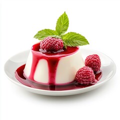 Panna cotta with raspberry topping, isolated on a white background, highlighting its smooth texture and vibrant color.