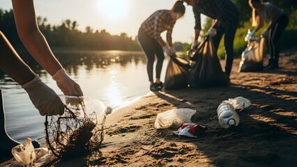 Dedicated Volunteers Collecting Plastic Bottles and Debris from Riverbank Shoreline Cleanup