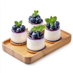 Panna cotta with blueberry topping on a wooden tray, isolated on a white background, adding a rustic and warm touch.
