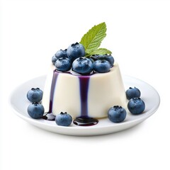Panna cotta with blueberry topping, isolated on a white background, emphasizing its smooth texture and vibrant blue color.