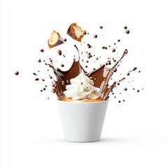Chocolate cr&egrave;me br&ucirc;l&eacute;e flying through the air, isolated on a white background, capturing a dynamic and whimsical effect.