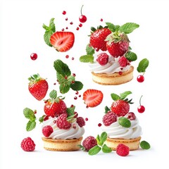 Strawberry cr&egrave;me br&ucirc;l&eacute;e flying through the air, isolated on a white background, adding a whimsical and dynamic element.