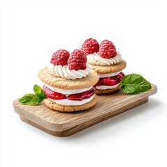 Raspberry cookie sandwich served on a wooden tray, isolated on a white background, adding a rustic and inviting touch.