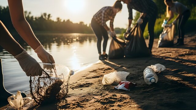 Dedicated Volunteers Collecting Plastic Bottles and Debris from Riverbank Shoreline Cleanup