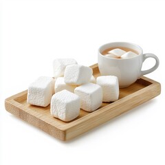Marshmallows on a wooden tray, isolated on a white background, adding a rustic and cozy feel.
