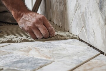 Hand carefully laying ceramic tiles on a floor with focus on grout application and precise placement in a well-lit, indoor space
