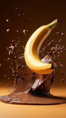 Banana splashing into rich chocolate, with high-detail droplets captured.