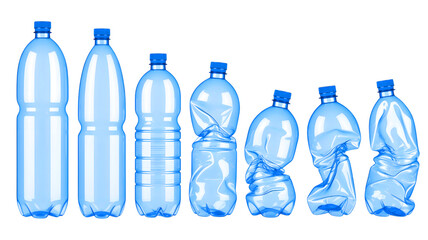 Progression of plastic bottles from full to crushed on black background