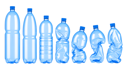 Progression of plastic bottles from full to crushed on black background